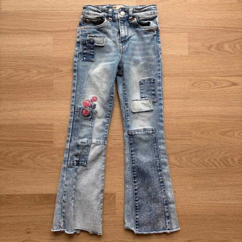 Levi's Light Blue Patchwork Flare Jeans with Rose embroidered 726 Flare